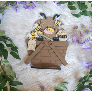 Highland Cow in Basket | Honey | Wooden Shelf Decor | KT-111