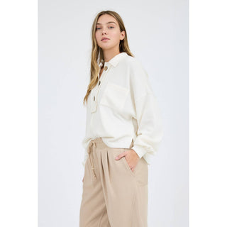 Chic Collared Split-Neck Button-Down Blouse with Raw Edges BP-06