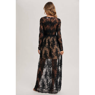 Boho Floral Lace V-Neck Maxi Dress With Lining BI-12