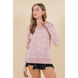 Hannah Heart V-Neck Sweater Top - Cream with Pink Hearts - DR-02