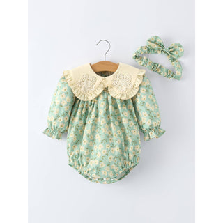 Spring Floral Print Long-Sleeved Romper and Dress Matching Headband RF-03