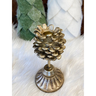 Golden Pinecone Taper Candle Holder