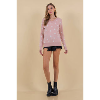 Hannah Heart V-Neck Sweater Top - Cream with Pink Hearts - DR-02