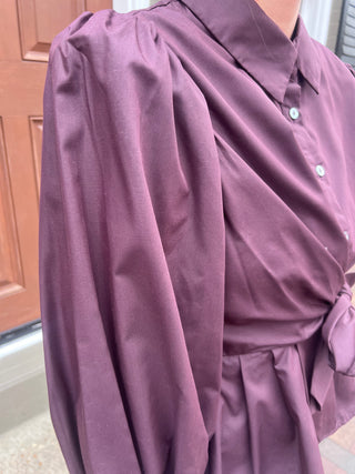 Chocolate Long Puff Sleeve Tie Front Collared Button Up EN-01