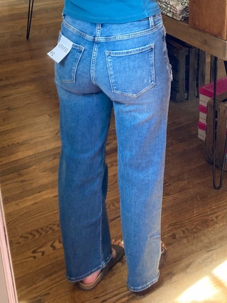 High Waist Straight Leg Medium Wash Denim Pants ZN-75