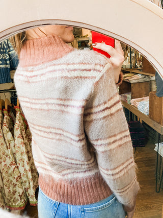 Terracotta Wavy Stripe Button Collar Brushed Sweater | BC-44