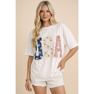 Mixed-Media Studded USA Graphic Tee | KA-01