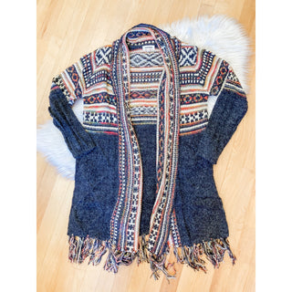 Fringe Hem Geometric Patterned Fall Cardigan AD-01