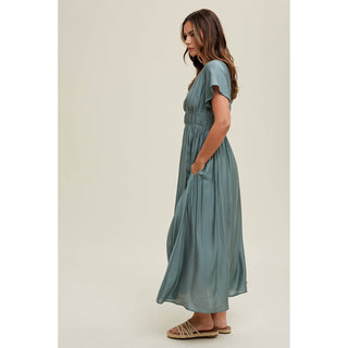 Satin Flutter Sleeve Midi Dress WA-03