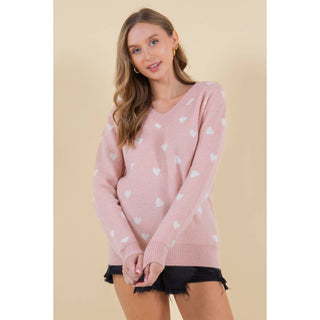 Hannah Heart V-Neck Sweater Top - Cream with Pink Hearts - DR-02