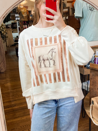 Ivory Vintage Rodeo Horse Graphic Relaxed Sweatshirt LL-10
