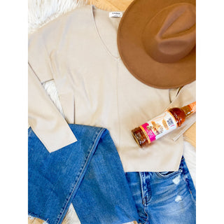 Hearthstone Sweater | Solid V-Neck Seam Knit | Oatmeal | BP-43
