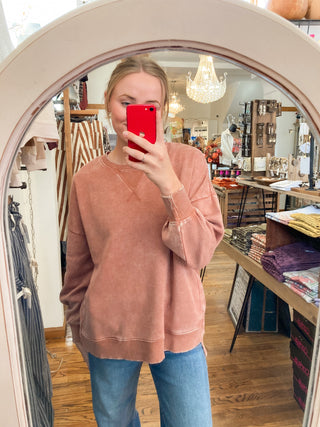 Rust Acid Wash Fleece Hi-low Hem Sweatshirt ZN-69