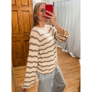 Cream Striped Pointelle Bell Sleeve Sweater Top DR-28