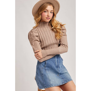 Mock Neck Puff-Sleeve Knit Top | BI-35