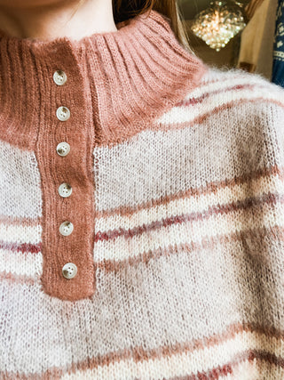 Terracotta Wavy Stripe Button Collar Brushed Sweater | BC-44