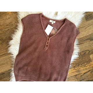 Raw Edge Short Sleeve Henley Sweater Knit Top | BP-56