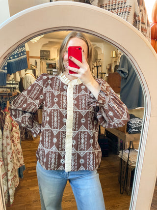 Brown Contrast Ruffle Detail Embroidered Blouse JO-04