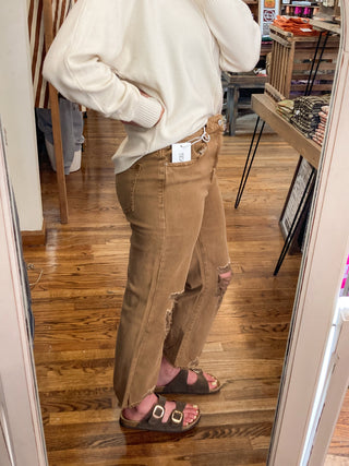 Deep Camel Acid Washed High Waist Distressed Straight Pants ZN-73
