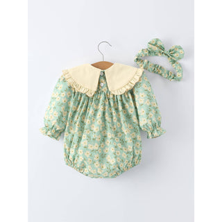 Spring Floral Print Long-Sleeved Romper and Dress Matching Headband RF-03