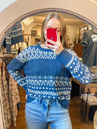 Denim Blue Fair Isle Cable Knit Crewneck Sweater | BC-47