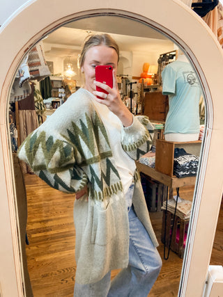 Olive Zig Zag Pattern Bishop Sleeve Shacket OR-04