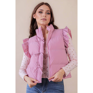 Front Bow Ruffle Sleeve Puffer Vest | VJ-01