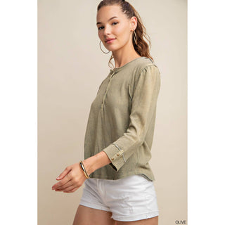 Button Front Neckline and Pleated Henley Top KR-10