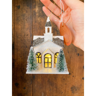 Christmas Chapel Black & White Lighted Ornament