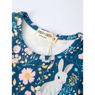 Teal Bunny Garden Ruffle Sleeve Girls Dress RF-05