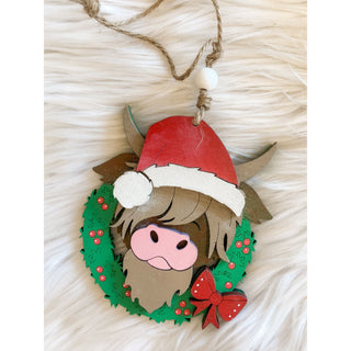 Santa Highland Cow | Wooden Ornament | KT-131