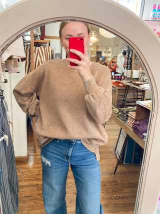 Deep Camel Acid Wash Fleece Hi-low Hem Sweatshirt ZN-68