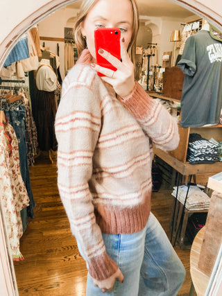 Terracotta Wavy Stripe Button Collar Brushed Sweater | BC-44