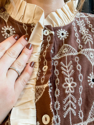 Brown Contrast Ruffle Detail Embroidered Blouse JO-04