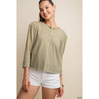 Button Front Neckline and Pleated Henley Top KR-10