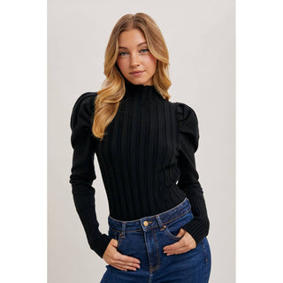 Mock Neck Puff-Sleeve Knit Top | BI-35