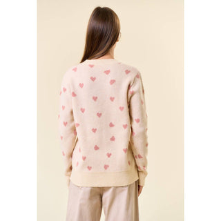 Hannah Heart V-Neck Sweater Top - Cream with Pink Hearts - DR-02