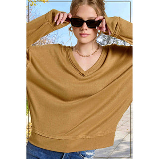 Soft V-Neck Cut Edge Long Sleeve Top | La Miel | LM-27