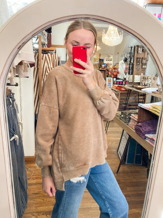 Deep Camel Acid Wash Fleece Hi-low Hem Sweatshirt ZN-68