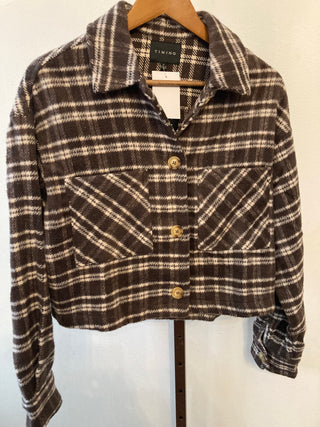 Chestnut Plaid Cropped Shacket | TI-12