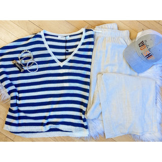 V-Neck Oversized Striped Sweater Top in Midnight | MS-08