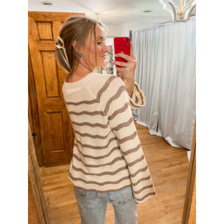 Cream Striped Pointelle Bell Sleeve Sweater Top DR-28