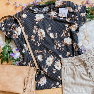 Floral Urban Ribbed Short Sleeve Top HE-20