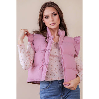 Front Bow Ruffle Sleeve Puffer Vest | VJ-01