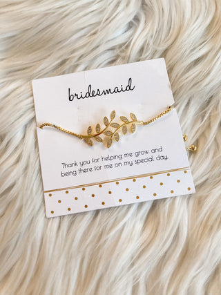 Bridesmaid White Zircon Leaf Bracelet | Gold Plated | Adjustable