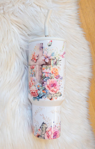 40 oz Faith Tumbler Floral Cross