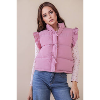 Front Bow Ruffle Sleeve Puffer Vest | VJ-01
