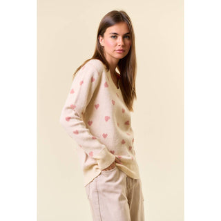 Hannah Heart V-Neck Sweater Top - Cream with Pink Hearts - DR-02