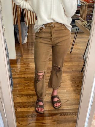 Deep Camel Acid Washed High Waist Distressed Straight Pants ZN-73