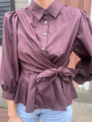 Chocolate Long Puff Sleeve Tie Front Collared Button Up EN-01